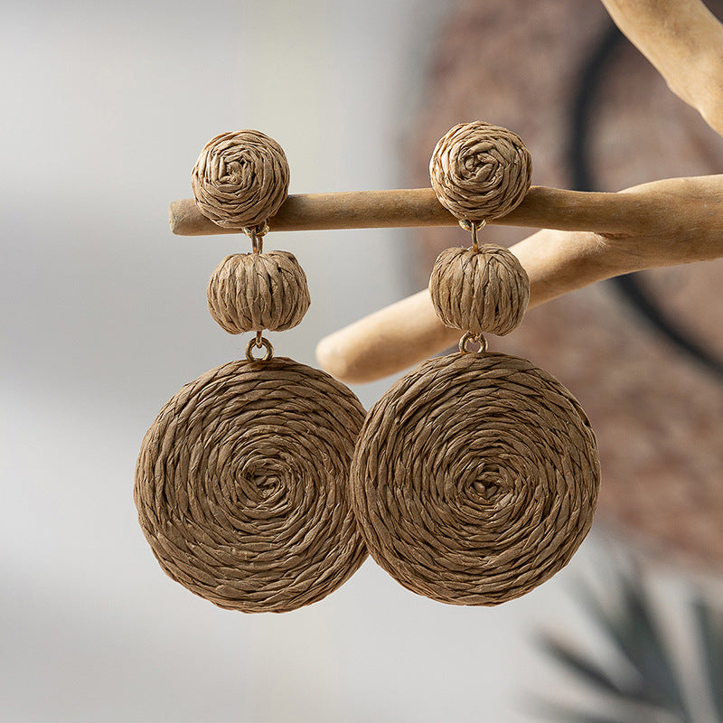 Wholesale Klein Blue Gourd Braided Raffia Hoop Earrings